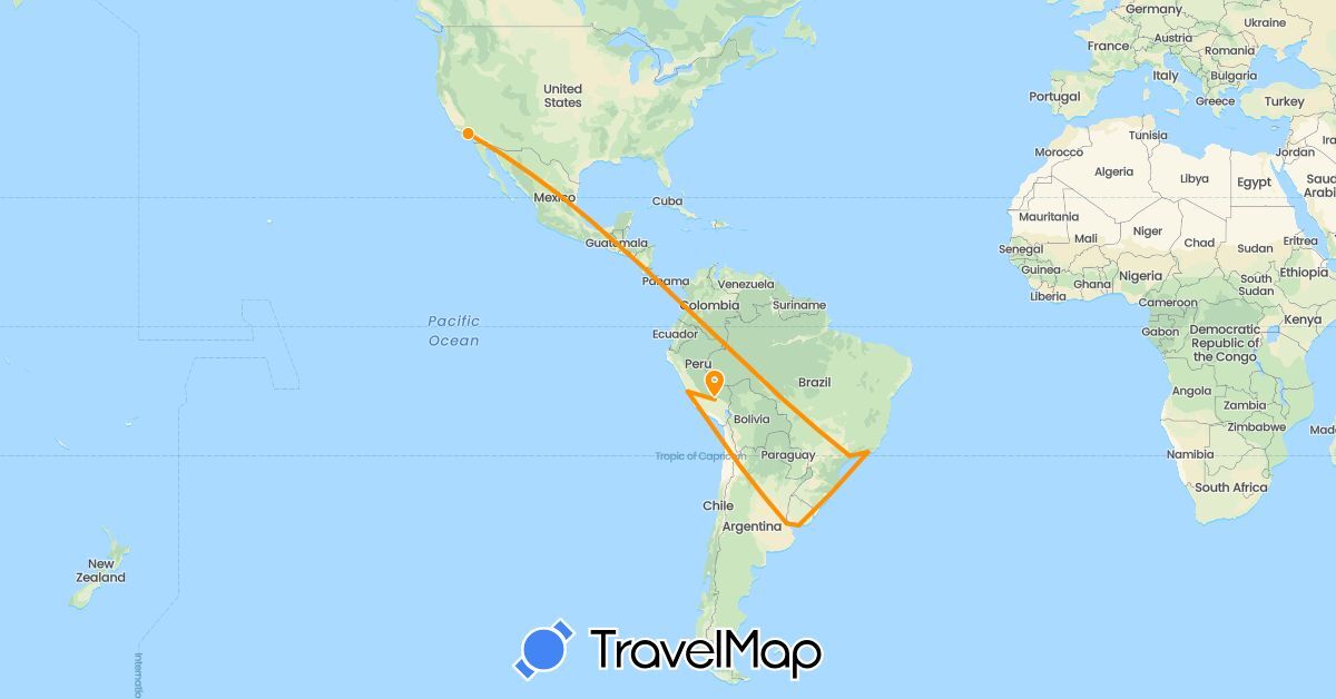 TravelMap itinerary: driving, hitchhiking in Argentina, Brazil, Peru, United States, Uruguay (North America, South America)